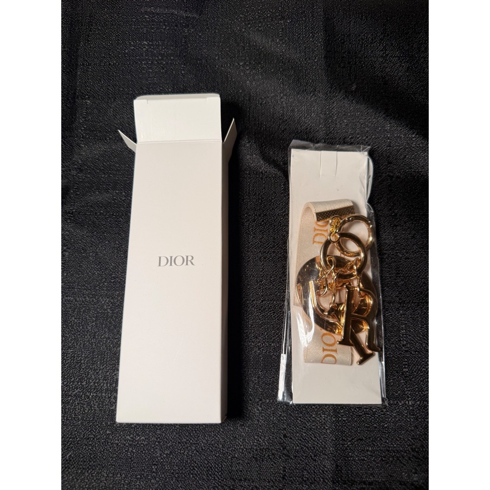 Christian Dior Gold Tone Letter Charm Keychain Logo Ribbon Strap with Box